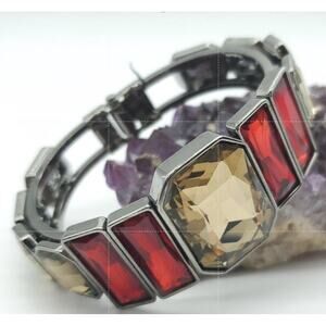 Cache Red Light Brown Rhinestone Hinged Bracelet Silver Tone Statement Cuff M-L